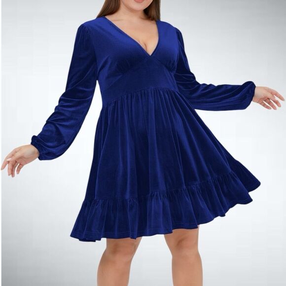 Halara Dresses & Skirts - Size L Halara Everyday Deep V Neck Long Sleeve Ruffled Hem Velvet Mini Chill Par
